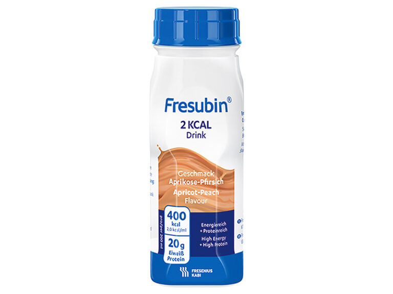 Barack ízű Fresubin® 2 kcal DRINK, magas energia- és fehérjetartalmú, rostmentes speciális élelmiszer.