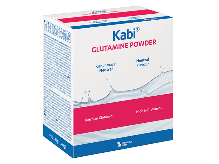 Kabi Glutamine por, 10 g glutaminnal tasakonként, vízben és ételekben oldható.